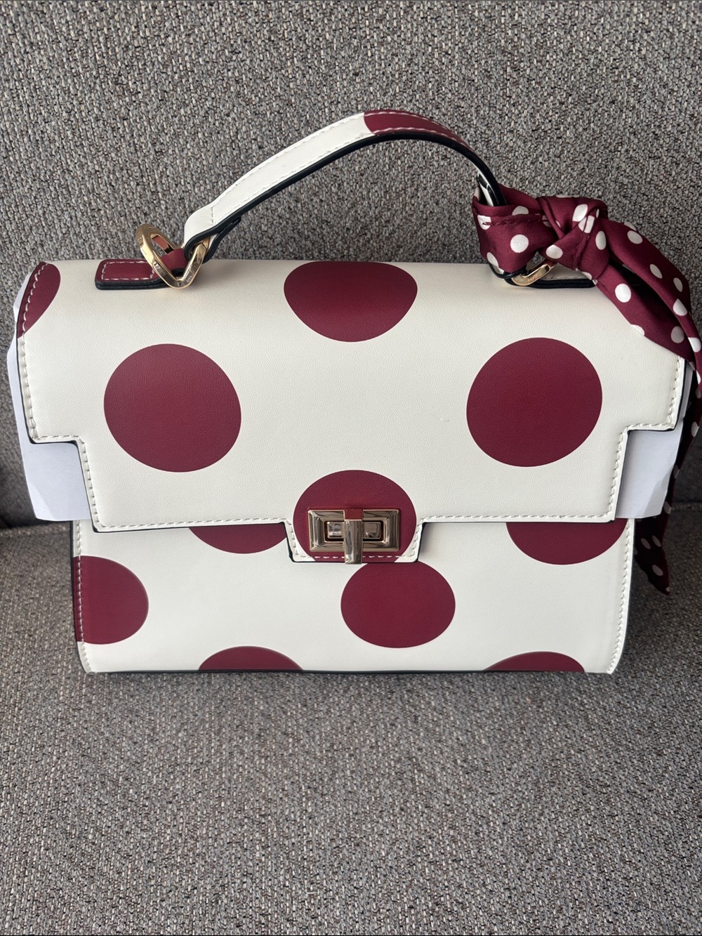BCBGeneration White Satchel with Burgundy Polka Dots
